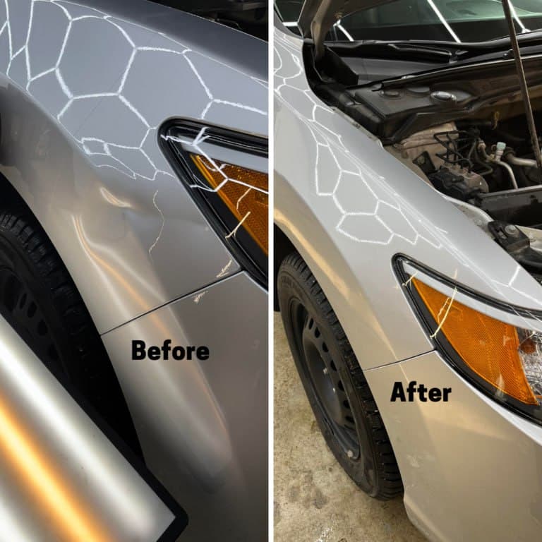Hail damage before and after